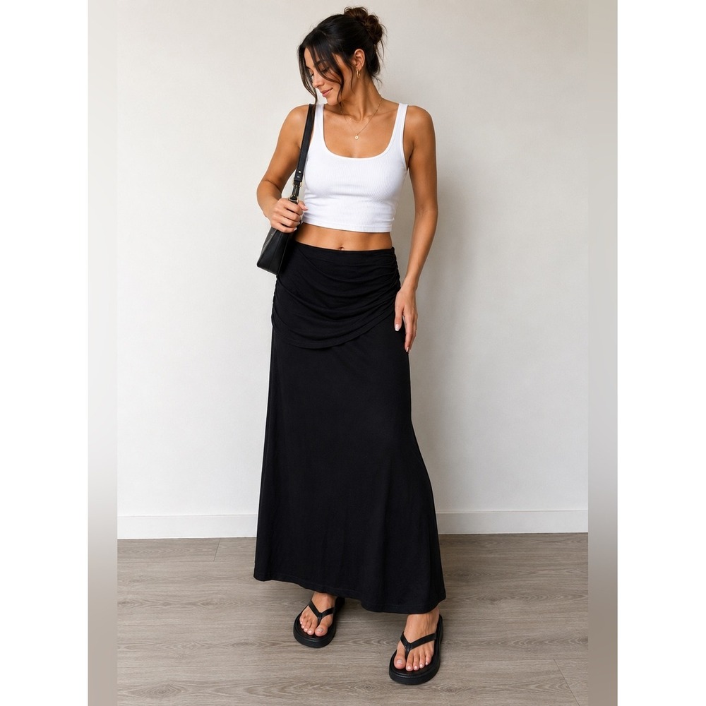 Lysse Black Maxi Skirt XL Ruched Stretch Pull On Modest Travel Capsule Wardrobe